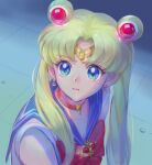  1girl bangs bishoujo_senshi_sailor_moon blonde_hair blue_eyes blue_sailor_collar bow choker commentary_request double_bun earrings eyelashes from_side jewelry long_hair looking_to_the_side meme mitama_(mokochiko) parted_bangs parted_lips red_bow red_choker sailor_collar sailor_moon sailor_moon_redraw_challenge shirt solo twintails white_shirt 