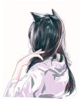  1girl animal_ear_fluff animal_ears arknights black_hair cropped_torso from_behind hand_in_hair hand_up highres jacket long_hair multicolored_hair redhead runamonet simple_background solo texas_(arknights) two-tone_hair upper_body white_background white_jacket wolf_ears 