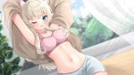  1girl animal_ears bangs blue_eyes blush breasts cat_ears eyebrows_visible_through_hair highres long_hair looking_at_viewer mirai_(happy-floral) navel open_mouth original shorts smile solo stomach thigh-highs 