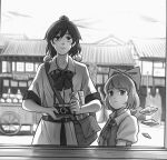  2girls absurdres architecture bag bow camera cart collared_shirt east_asian_architecture eyebrows_visible_through_hair food_stand greyscale hair_bow hat highres human_village_(touhou) ice ice_wings light_smile monochrome multiple_girls newspaper pom_pom_(clothes) ribbon royl satchel shameimaru_aya shirt short_hair short_sleeves tokin_hat touhou wheel wings 