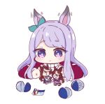  &gt;_&lt; ._. 1girl :d animal_ears bangs blush brown_hair closed_eyes closed_mouth commentary_request ear_ribbon eyebrows_visible_through_hair figure gashapon green_ribbon hitomiz horse_ears jacket long_hair lying mejiro_mcqueen_(umamusume) motion_lines on_stomach purple_hair purple_jacket ribbon short_eyebrows simple_background smile solo thick_eyebrows tokai_teio_(umamusume) track_jacket umamusume violet_eyes white_background xd 