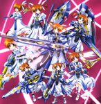  6+girls :d absurdres armor armored_dress black_gloves blue_eyes boots brown_hair closed_mouth commentary_request dress fingerless_gloves floating fortress_(nanoha) frown gauntlets gloves gun hair_ribbon highres holding holding_gun holding_staff holding_weapon juliet_sleeves long_dress long_sleeves looking_at_viewer looking_back lyrical_nanoha magical_girl mahou_shoujo_lyrical_nanoha mahou_shoujo_lyrical_nanoha_a&#039;s mahou_shoujo_lyrical_nanoha_detonation mahou_shoujo_lyrical_nanoha_reflection mahou_shoujo_lyrical_nanoha_the_movie_1st mahou_shoujo_lyrical_nanoha_the_movie_2nd_a&#039;s multiple_girls multiple_persona open_mouth puffy_sleeves raising_heart ribbon smile staff standing strike_cannon takamachi_nanoha twintails weapon white_dress white_footwear white_ribbon yorousa_(yoroiusagi) 