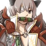  1boy animal_ears armor bangs brown_eyes cat_ears coat commentary_request eyepatch grey_hair jacket japanese_armor kagerou_(ragnarok_online) looking_at_viewer male_focus mouth_hold natsuya_(kuttuki) ragnarok_online scroll scroll_tube short_hair shoulder_armor simple_background sode solo upper_body white_background white_coat white_jacket 