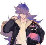  2boys arm_up bag bean_mr12 black_cat black_coat cat coat fengxi_(the_legend_of_luoxiaohei) hair_over_one_eye helmet highres holding holding_bag holding_helmet long_hair looking_at_viewer luoxiaohei multiple_boys pointy_ears purple_hair shadow shirt simple_background smile the_legend_of_luo_xiaohei upper_body very_long_hair white_background white_shirt 
