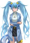  1girl alternate_costume animal_ears arms_under_breasts bangs belt black_skirt blue_eyes blue_hair blue_jacket commentary crossed_arms dragon_tail extra_ears eyebrows_visible_through_hair hair_between_eyes highres jacket jewelry kemono_friends long_hair long_sleeves looking_away necklace ring seiryuu_(kemono_friends) shirt simple_background skirt solo tail tanabe_(fueisei) thighlet turtleneck twintails very_long_hair white_background white_shirt 