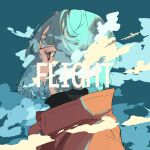  1girl aircraft airplane blue_hair blue_sky brown_eyes closed_mouth clouds commentary english_commentary english_text from_side highres jacket orange_jacket original profile short_hair sky solo upper_body 