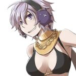  1girl bangs bikini bikini_top black_bikini breasts chain commentary_request deviruchi grin hair_between_eyes headphones jewelry light_purple_hair looking_at_viewer mechanic_(ragnarok_online) medium_breasts natsuya_(kuttuki) necklace o-ring o-ring_top ragnarok_online short_hair simple_background smile solo swimsuit upper_body violet_eyes white_background 