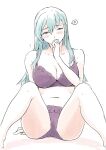  1girl aqua_eyes aqua_hair barefoot bra feet_out_of_frame highres kantai_collection long_hair looking_to_the_side panties purple_bra purple_panties simple_background sitting solo suzuya_(kancolle) symbol-only_commentary underwear underwear_only vent_arbre white_background 