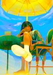  1girl absurdres bangs bird black_hair blue_sky chair clouds cloudy_sky day expressionless full_body highres ineuoy long_hair looking_at_viewer original outdoors pink_eyes shoes sitting sky socks solo table white_legwear yellow_footwear 