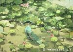  commentary_request day flower from_above grass highres kamonabe_(kamonabeekon) lily_pad no_humans outdoors painting_(medium) pink_flower pokemon pokemon_(creature) quagsire ripples snivy traditional_media water watercolor_(medium) 