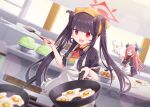  2girls apron black_hair blue_archive blush closed_eyes commentary_request food fried_egg fuuka_(blue_archive) halo harada_(sansei_rain) highres horns juri_(blue_archive) kitchen multiple_girls open_mouth plate pointy_ears red_eyes school_uniform 