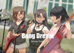 3girls bang_dream! black_blouse black_pants black_ribbon black_sweater blouse blue_eyes blurry blurry_background blurry_foreground brown_hair chinese_commentary closed_eyes closed_mouth commentary_request copyright_name dutch_angle electric_guitar guitar hair_ornament hanazono_tae holding holding_instrument holding_microphone instrument liangzi_tai_hongcha long_hair long_sleeves medium_hair microphone microphone_stand multiple_girls music neck_ribbon open_mouth outdoors pants pink_shirt playing_instrument pleated_skirt ribbon shirt short_sleeves singing skirt sleeves_rolled_up smile star_(symbol) star_hair_ornament sweater teeth toyama_kasumi upper_teeth ushigome_rimi white_shirt white_skirt