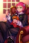  1boy cape coffee_jello crossed_legs glasses hair_ornament halloween halloween_costume highres holding holding_spoon jack-o&#039;-lantern jelly komomomito pink_hair ribbon saiki_kusuo saiki_kusuo_no_psi_nan sitting smile spoon 