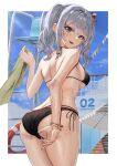  1girl absurdres ass bare_arms bare_legs bare_shoulders bikini black_bikini blue_eyes blush border bracelet breasts cowboy_shot eyebrows_visible_through_hair hair_between_eyes highres holding holding_towel jewelry kantai_collection kashima_(kancolle) large_breasts looking_at_viewer looking_back open_mouth revision short_hair silver_hair smile solo swimsuit taki_rentaro thighs towel wet white_border 