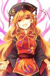  1girl bangs belt black_dress black_headwear blonde_hair bow bowtie breasts brown_belt chinese_clothes crescent dress energy eyebrows_visible_through_hair hair_between_eyes hat junko_(touhou) kutsuki_kai long_hair long_sleeves looking_at_viewer medium_breasts open_mouth orange_hair phoenix_crown pom_pom_(clothes) red_eyes red_vest simple_background smile solo tabard touhou vest white_background wide_sleeves yellow_bow yellow_bowtie 