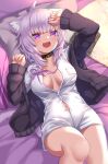  1girl ahoge ako_suke animal_ear_fluff animal_ears cat_ears cat_girl eyebrows_visible_through_hair highres hololive nekomata_okayu open_mouth purple_hair skirt solo violet_eyes virtual_youtuber 