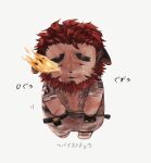  1boy animal_ears beard chibi crying dark-skinned_male dark_skin ears_down eyebrow_cut facial_hair flaming_eye full_body hephaestus_(housamo) kemonomimi_mode male_focus red_eyes short_hair solo tears thick_eyebrows tokyo_afterschool_summoners tora_d translation_request unzipped 