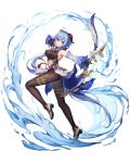  absurdres ahoge armpits arrow_(projectile) ass bangs bare_shoulders bell black_gloves black_legwear blue_hair bodystocking bodysuit bow_(weapon) breasts chinese_knot curled_horns detached_sleeves drawing_bow eyebrows_visible_through_hair flower_knot from_side ganyu_(genshin_impact) genshin_impact gloves gold_trim high_heels highres hokori_sakuni holding holding_bow_(weapon) holding_weapon horns leg_up long_hair looking_at_viewer magic medium_breasts neck_bell sidelocks solo standing tassel thighlet thighs very_long_hair violet_eyes vision_(genshin_impact) waist_cape weapon white_background white_sleeves wide_sleeves wind 