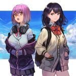  2girls black_hair blue_eyes breasts cardigan earphones glasses gridman_universe hands_in_pockets hankuri headphones headphones_around_neck highres large_breasts medium_hair multiple_girls open_mouth orange_eyes pantyhose purple_hair ribbon shinjou_akane short_hair skirt smile ssss.gridman takarada_rikka 