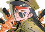  1girl artist_name bad_link black_hair blue_eyes commentary eyelashes fingernails gun handgun happy hat highres long_hair looking_at_viewer mygiorni nico_robin one_piece petals pistol simple_background smile solo sunglasses twitter_username uniform weapon white_background 