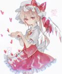  1girl ascot back_bow bangs blonde_hair blush bow crystal eyebrows_visible_through_hair flandre_scarlet frilled_shirt frilled_skirt frilled_sleeves frills hair_between_eyes hat hat_ribbon heart looking_at_viewer mob_cap one_side_up puffy_short_sleeves puffy_sleeves red_bow red_eyes red_ribbon red_skirt red_vest ribbon shirt short_hair short_sleeves skirt solo sorani_(kaeru0768) tears touhou vest white_background white_bow white_shirt wings wrist_cuffs yellow_ascot 