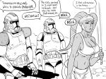  1girl 2boys alien armor bb_(baalbuddy) clone_trooper energy_sword english_text greyscale gun helmet highres holding holding_gun holding_lightsaber holding_sword holding_weapon lightsaber monochrome multiple_boys simple_background speech_bubble star_wars sword thought_bubble twi&#039;lek weapon 