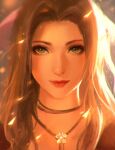  1girl aerith_gainsborough brown_hair chaosringen choker closed_mouth eyelashes final_fantasy final_fantasy_vii final_fantasy_vii_remake flower green_eyes highres jewelry light_particles light_smile long_hair looking_at_viewer pendant portrait smile solo 