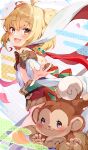  1girl :d andira_(granblue_fantasy) animal antenna_hair bangs bare_shoulders blonde_hair blush brown_eyes commentary_request detached_sleeves egasumi eyebrows_visible_through_hair fur-trimmed_sleeves fur_trim granblue_fantasy hair_between_eyes highres leotard long_sleeves looking_at_viewer looking_to_the_side monkey petals pilokey short_hair smile solo twintails two_side_up white_leotard white_sleeves wide_sleeves 