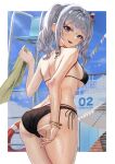  1girl absurdres bare_arms bare_legs bare_shoulders bikini black_bikini blue_eyes blush border bracelet breasts cowboy_shot eyebrows_visible_through_hair hair_between_eyes highres holding holding_towel jewelry kantai_collection kashima_(kancolle) large_breasts looking_at_viewer looking_back open_mouth short_hair silver_hair smile solo swimsuit taki_rentaro towel wet white_border 