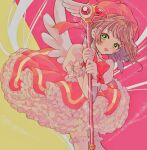  1girl antenna_hair bow brown_hair cardcaptor_sakura dress frilled_dress frills fuuin_no_tsue gloves green_eyes highres kinomoto_sakura leaning_forward magical_girl open_mouth petticoat pink_dress pink_headwear puffy_short_sleeves puffy_sleeves red_bow short_hair short_sleeves smile solo symbol-only_commentary thigh-highs too_many too_many_frills wand wasure_(ponmg402) white_bow white_gloves white_legwear white_wings wings 