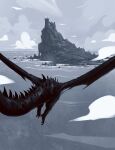  absurdres dragon flying from_behind greyscale highres horizon kalmahul monochrome mountain no_humans ocean original scenery spikes tower water wings wyvern 