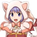  1girl :d animal_hood arch_bishop_(ragnarok_online) bangs bow bowtie cat_hood cleavage_cutout clothing_cutout commentary_request cross dress eyebrows_visible_through_hair hood juliet_sleeves long_sleeves looking_at_viewer natsuya_(kuttuki) open_mouth pink_bow pink_bowtie pink_hood puffy_sleeves purple_hair ragnarok_online short_hair simple_background smile solo two-tone_dress upper_body violet_eyes white_background white_dress 