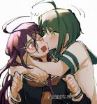  2girls ^^^ absurdres ahoge bangs barry_nah biting black_hair black_shirt blush cheek_biting danganronpa_(series) danganronpa_another_episode:_ultra_despair_girls fukawa_touko glasses green_eyes green_hair hair_between_eyes hands_up highres long_hair long_sleeves looking_at_another mole mole_under_mouth multiple_girls naegi_komaru neckerchief one_eye_closed open_mouth pink_eyes red_neckerchief round_eyewear sailor_collar shirt short_hair short_sleeves white_shirt yuri 