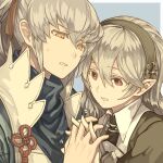  1boy 1girl :d black_hairband blue_background blue_shirt brother_and_sister close-up corrin_(fire_emblem) corrin_(fire_emblem)_(female) couple ears eyebrows_visible_through_hair eyelashes fire_emblem fire_emblem_fates furrowed_brow hair_between_eyes hair_ribbon hairband hand_up harusame_(rueken) hetero high_collar high_ponytail holding_hands long_hair manakete motion_lines nervous open_mouth orange_eyes pointy_ears ponytail red_eyes red_ribbon ribbon shirt siblings sidelocks silver_hair simple_background smile standing sweatdrop takumi_(fire_emblem) tassel tied_hair upper_body 