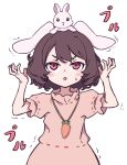  1girl absurdres animal_ears brown_hair carrot_necklace dress floppy_ears frilled_dress frilled_sleeves frills highres inaba_tewi jewelry kame_(kamepan44231) looking_up pendant pink_dress puffy_short_sleeves puffy_sleeves rabbit rabbit_ears red_eyes ribbon-trimmed_dress short_hair short_sleeves simple_background solo touhou v-shaped_eyebrows wavy_hair white_background 