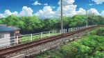  blue_sky building clouds commentary_request day grass highres ito_eri no_humans original plant power_lines railing railroad_tracks scenery sky tree utility_pole 