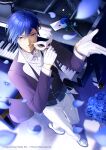  1boy blue_eyes blue_flower blue_hair blue_rose carnival_mask flower formal from_above gloves hands_up highres holding holding_mask instrument kaito_(vocaloid) letter long_sleeves male_focus mask miku_symphony_(vocaloid) nokuhashi petals piano ribbon rose short_hair smile solo suit vocaloid 