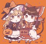  2girls :o animal_ears ankle_socks apron bangs bare_shoulders basket bell black_capelet black_dress black_footwear black_gloves black_headwear blonde_hair blush_stickers bow bowtie box braid bright_pupils brown_eyes brown_hair candy candy_hair_ornament capelet cat_ears cat_girl cat_tail chibi closed_mouth detached_sleeves diagonal-striped_bow diagonal_stripes donation_box dot_nose dress food food-themed_hair_ornament footwear_bow frilled_apron frilled_bow frilled_hair_tubes frilled_shirt_collar frills full_body gloves hair_ornament hair_over_shoulder hair_tubes hakurei_reimu halloween halloween_bucket halloween_costume hand_up hat hat_bow high_ponytail holding holding_basket holding_box jack-o&#039;-lantern jingle_bell kemonomimi_mode kirisame_marisa long_hair long_sleeves looking_at_viewer looking_to_the_side mozukuzu_(manukedori) multiple_girls neck_bell neck_ribbon orange_background orange_bow orange_bowtie orange_ribbon parted_lips petticoat pleated_skirt ponytail print_bow purple_bow red_bow red_ribbon red_skirt red_vest ribbon ribbon-trimmed_sleeves ribbon_trim side_braid sidelocks simple_background single_braid skirt skirt_set sleeve_bow smile socks standing star_(symbol) star_in_eye star_print starry_background striped striped_bow swept_bangs symbol-only_commentary symbol_in_eye tail tail_bow tail_ornament tail_raised touhou two-sided_fabric two-sided_headwear vest waist_apron walking wavy_hair white_apron white_bow white_legwear white_pupils white_sleeves wide_sleeves witch_hat yellow_eyes 