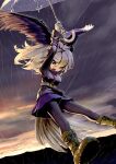  1girl 910m27r arms_up backlighting bald_eagle_(kemono_friends) bangs belt bird_girl bird_tail bird_wings blonde_hair buttons clouds cloudy_sky dutch_angle eyebrows_visible_through_hair eyelashes gloves hair_between_eyes head_wings holding holding_umbrella horizon jacket kemono_friends long_hair looking_at_viewer looking_down midair miniskirt multicolored_hair open_mouth outdoors pantyhose pleated_skirt rain shoes skirt sky smile solo spread_legs spread_wings tail transparent transparent_umbrella twilight two-tone_hair umbrella water white_hair wings yellow_eyes 