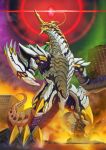  absurdres character_request claws fangs gagula_(dynazenon) giant giant_monster glowing gridman_universe highres horns kaijuu monster no_humans red_eyes scales sharp_teeth single_horn sky spines ssss.dynazenon tail teeth tokusatsu yamakazema 