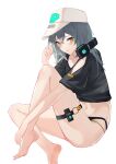  1girl absurdres antonina_(girls&#039;_frontline_nc) bangs bare_legs barefoot baseball_cap black_shirt blush clothing_cutout commentary_request crop_top girls&#039;_frontline_neural_cloud girls_frontline grey_hair hair_between_eyes hand_up hat headphones headphones_around_neck highres knee_up long_hair looking_at_viewer midriff navel o-ring shirt short_sleeves shoulder_cutout simple_background sitting solo stomach thigh_strap thighs white_background white_headwear xiaobei yellow_eyes 