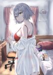  1girl absurdres ahoge ass bangs bed bra breasts chair character_doll fate/grand_order fate_(series) gilles_de_rais_(caster)_(fate) highres indoors jeanne_d&#039;arc_(alter)_(fate) jeanne_d&#039;arc_(fate) kohaku_teru large_breasts office_chair panties red_bra red_panties sei_shounagon_(fate) short_hair silver_hair solo suzuka_gozen_(fate) underwear undressing yellow_eyes 
