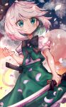  1girl absurdres black_neckwear black_ribbon blue_eyes blush closed_mouth green_skirt green_vest hair_ribbon highres hitodama holding holding_sword holding_weapon katana kayon_(touzoku) konpaku_youmu konpaku_youmu_(ghost) petals puffy_short_sleeves puffy_sleeves ribbon shirt short_hair short_sleeves skirt solo sword touhou vest weapon white_hair white_shirt 