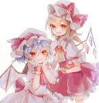  2girls ascot back_bow bat_wings blonde_hair blue_hair bow crystal dress fang flandre_scarlet frilled_shirt frilled_shirt_collar frilled_skirt frilled_sleeves frills hands_on_own_cheeks hands_on_own_face hat hat_ribbon looking_at_viewer mob_cap multiple_girls one_side_up open_mouth pink_dress puffy_short_sleeves puffy_sleeves purple_ascot purple_bow purple_ribbon red_bow red_eyes red_ribbon red_skirt red_vest remilia_scarlet ribbon ribbon_trim sash shirt short_hair short_sleeves siblings sisters skirt smile sorani_(kaeru0768) touhou v-shaped_eyebrows vest white_shirt wings wrist_cuffs yellow_ascot 
