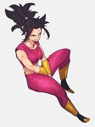  1girl black_hair breasts dragon_ball dragon_ball_super earrings full_body grey_background jewelry kefla_(dragon_ball) kemachiku looking_at_viewer medium_breasts ponytail potara_earrings short_hair simple_background sitting smile solo 