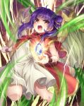  1girl cape crystal dragon_girl dragon_wings dragonstone dress fang fire_emblem fire_emblem:_the_sacred_stones frown long_hair looking_at_viewer manakete multi-tied_hair myrrh_(fire_emblem) open_mouth purple_hair red_cape red_eyes solo standing ten_(tenchan_man) twintails white_dress wings yellow_wings 
