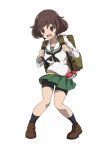  1girl 9s0ykoyama117 absurdres akiyama_yukari backpack bag bangs bike_shorts bike_shorts_under_skirt black_legwear blouse brown_eyes brown_footwear brown_hair commentary_request full_body girls_und_panzer green_skirt highres loafers long_sleeves looking_at_viewer messy_hair miniskirt neckerchief ooarai_school_uniform open_mouth parody pleated_skirt poke_ball poke_ball_(basic) sailor_collar school_uniform serafuku shoes short_hair simple_background skirt smile socks solo style_parody white_background white_blouse white_sailor_collar 