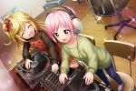  2girls brown_eyes d4dj dress headphones inuyose_shinobu official_art pink_hair short_hair tsukimiyama_nagisa turntable younger 