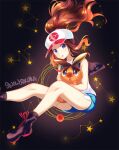  1girl bare_arms baseball_cap black_vest blue_eyes blue_shorts boots brown_hair floating_hair hat hilda_(pokemon) holding holding_pokemon knees long_hair looking_at_viewer pokemon pokemon_(creature) pokemon_(game) pokemon_bw shiny shiny_hair shirt shorts sidelocks signature sleeveless sleeveless_shirt snowsakurachan socks star_(symbol) tepig vest white_shirt 