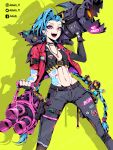  :d absurdres ahoge alternate_costume artist_name barcode belt black_belt black_pants blue_hair braid breasts caution_tape character_name defaultz english_text facebook_logo fangs gatling_gun get_jinxed green_background groin gun handgun heart highres holding holding_weapon instagram_logo jacket jewelry jinx_(league_of_legends) keep_out league_of_legends long_hair long_sleeves looking_at_viewer minigun navel necklace open_clothes open_jacket open_mouth pants pink_eyes pistol red_jacket rocket_launcher shell_casing shiny shiny_hair short_sleeves small_breasts smile solo stomach stomach_tattoo tattoo teeth translation_request twin_braids twitter_logo weapon 